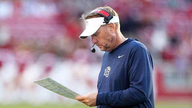 Nov 5, 2022; Fayetteville, Arkansas, USA; Liberty Flames head coach Hugh Freeze during the second half against the Arkansas Razorbacks at Donald W. Reynolds Razorback Stadium. Liberty won 21-19. Mandatory Credit: Nelson Chenault-USA TODAY Sports